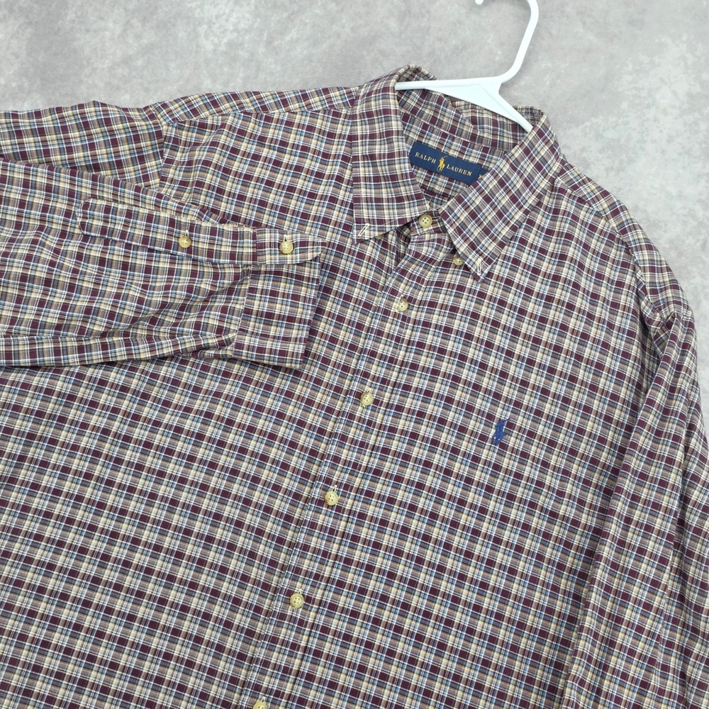 Ralph Lauren Mens XXL Plaid Button Down Shirt Burgundy Blue Long Sleeve Pony